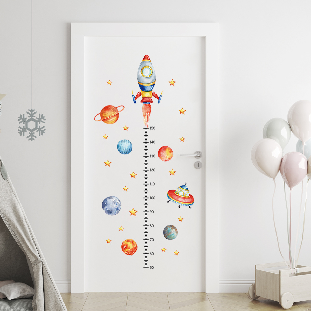 Baby Nursery Decor Boy - 만화 행성 로켓 높이 측정 벽