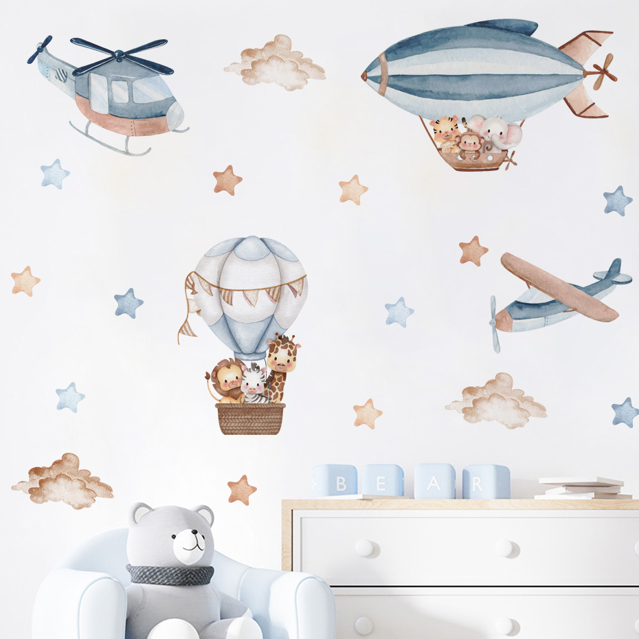 Baby Nursery Set Furniture - 수채화 동물 뜨거운 공기 풍선 구름