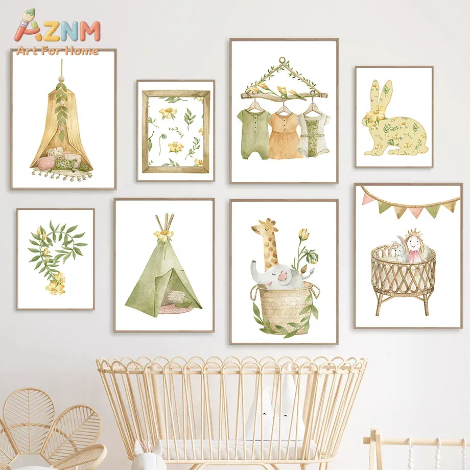 Baby Nursery Plants - AZNM 수채화 정글 동물 캔버스 벽
