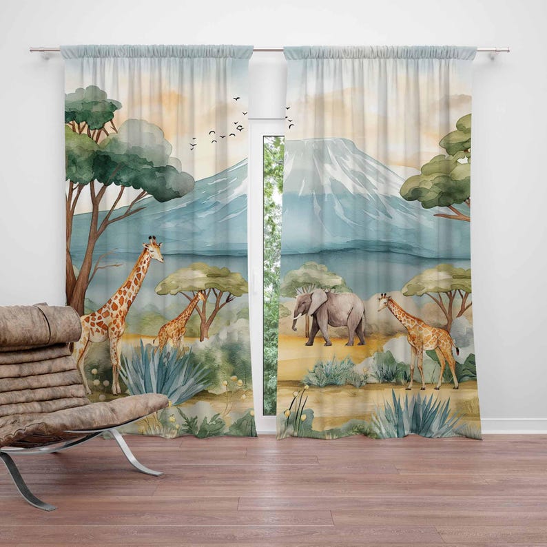 Blackout Curtain Nursery - 사파리 동물 어린이 커튼 아기 소년