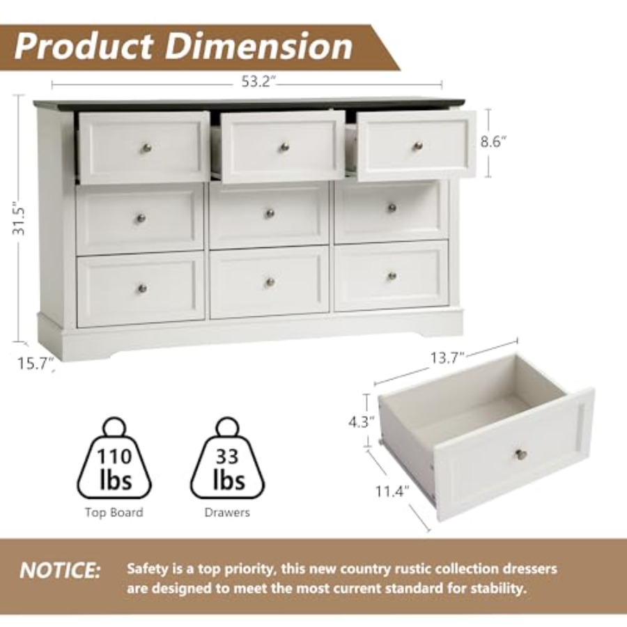 팜하우스 스타일 침실 세트 3개, 9단 서랍장과 충전  - Drawer Dresser White 리뷰 및 가격
