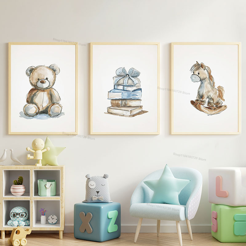 북유럽 스타일 만화 곰 말 토끼 책 테마 벽 예술 캔버 - Baby Nursery Books 리뷰 및 가격