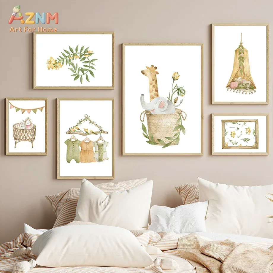 AZNM 수채화 정글 동물 캔버스 벽 예술 토끼 기린  - Baby Nursery Plants 리뷰 및 가격