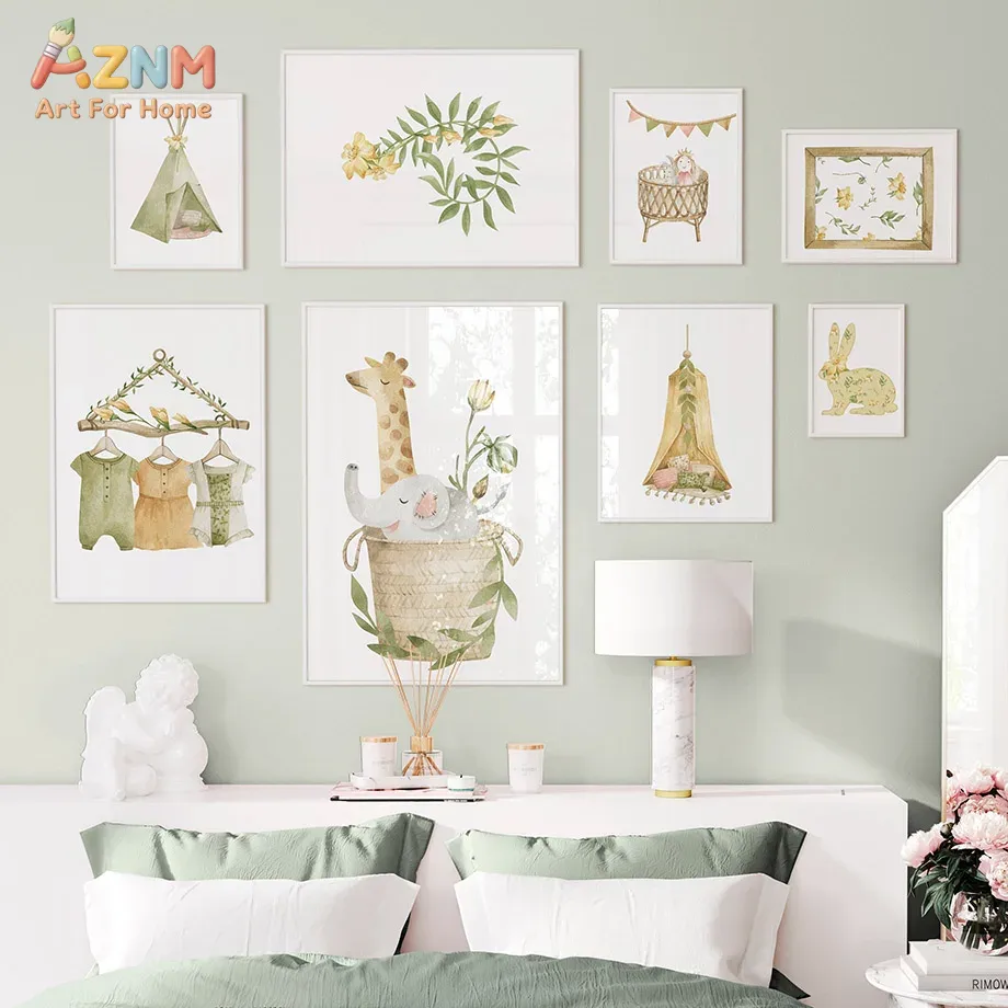 AZNM 수채화 정글 동물 캔버스 벽 예술 토끼 기린  - Baby Nursery Plants 리뷰 및 가격